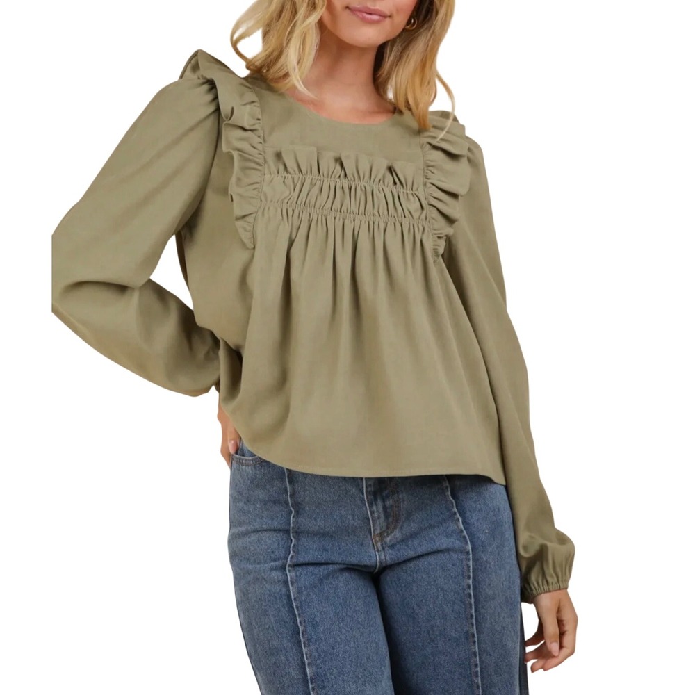 Very J New In Ruffle Smocked Blouse Womens Large Olive Green Long Sleeve Boho - Picture 13 of 14